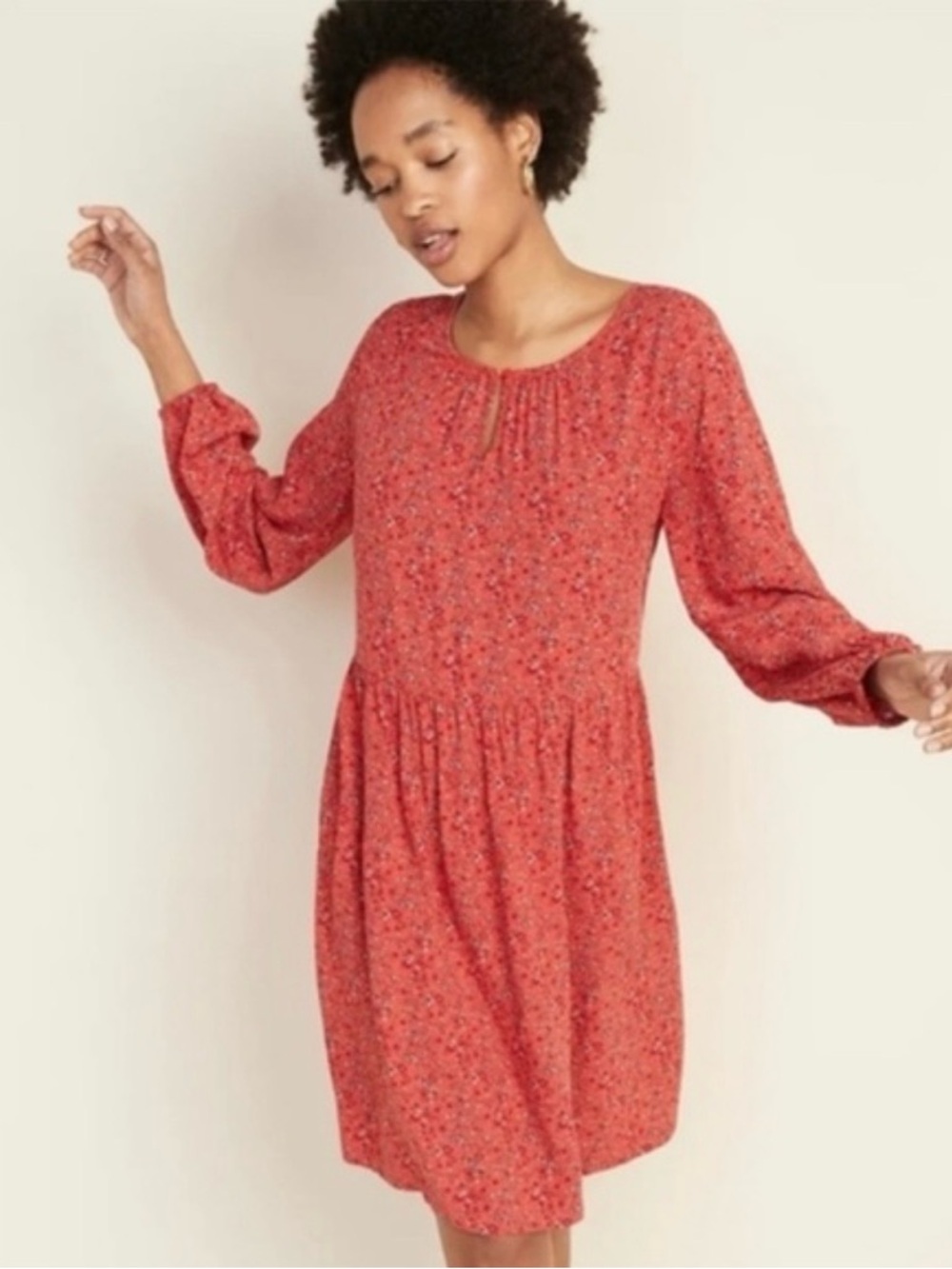Women's Red Floral Long-Sleeve Peasant Dress